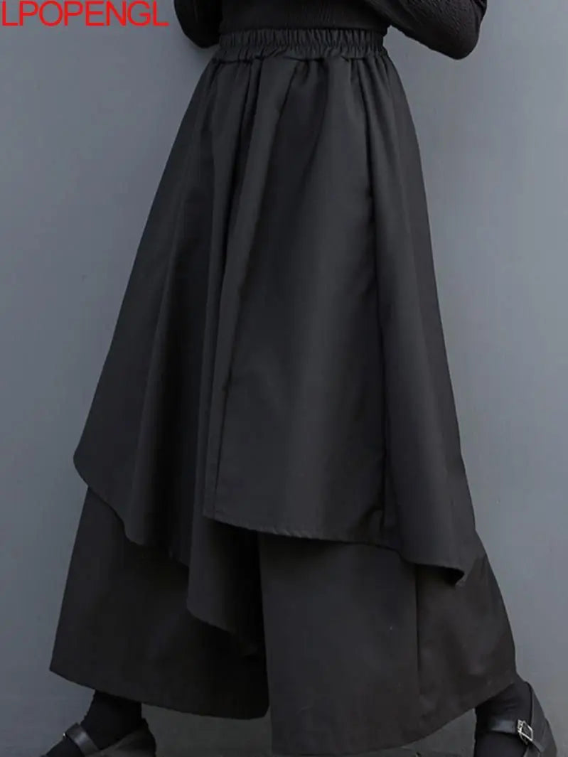 Solid Color Gothic Wide-leg Pants Women's 2026 Spring And Summer New Asymmetrical Hakama All-match Oversized Nine-point Pants