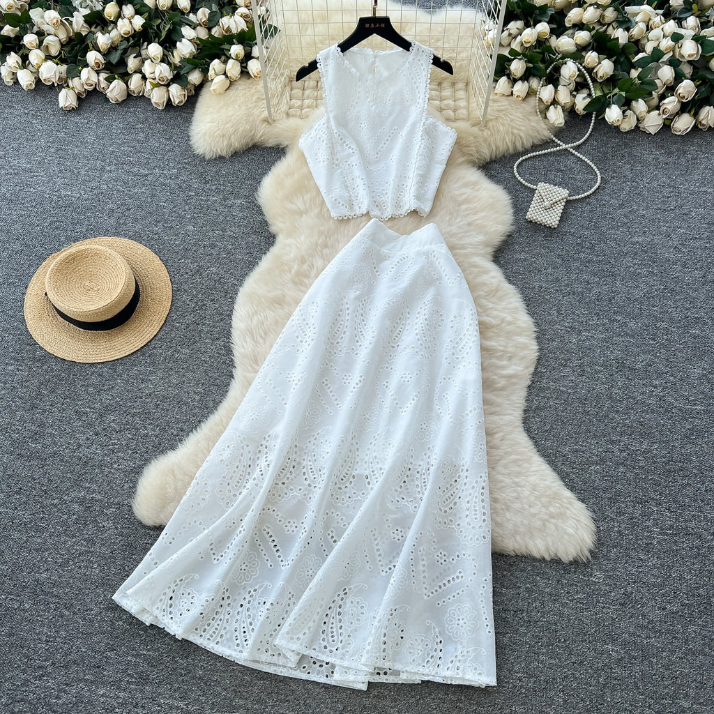 SINGREINY Women's Vintage Hook Flower Hollow Top and Long Skirt Set