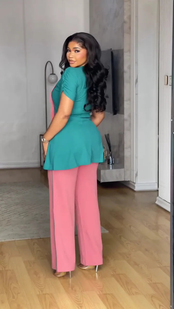 Women's African Style V-Neck Top and Patchwork Wide Leg Pants Set