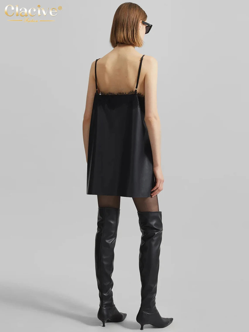 Clacive Black PU Leather Lace Spliced Mini Dress