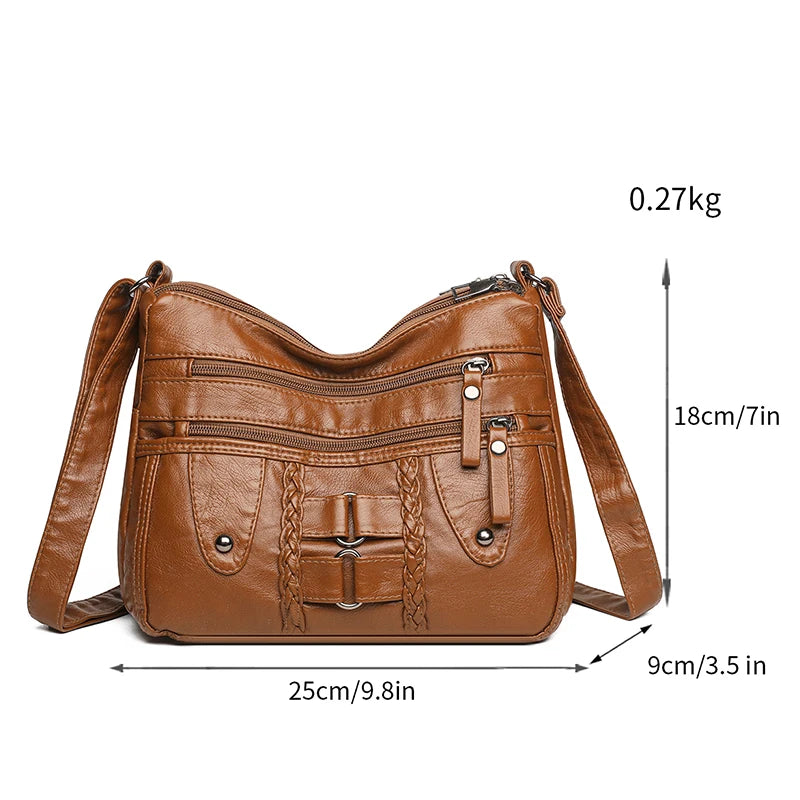 Retro Multi-Pocket Synthetic Leather Crossbody Bag with Adjustable Strap