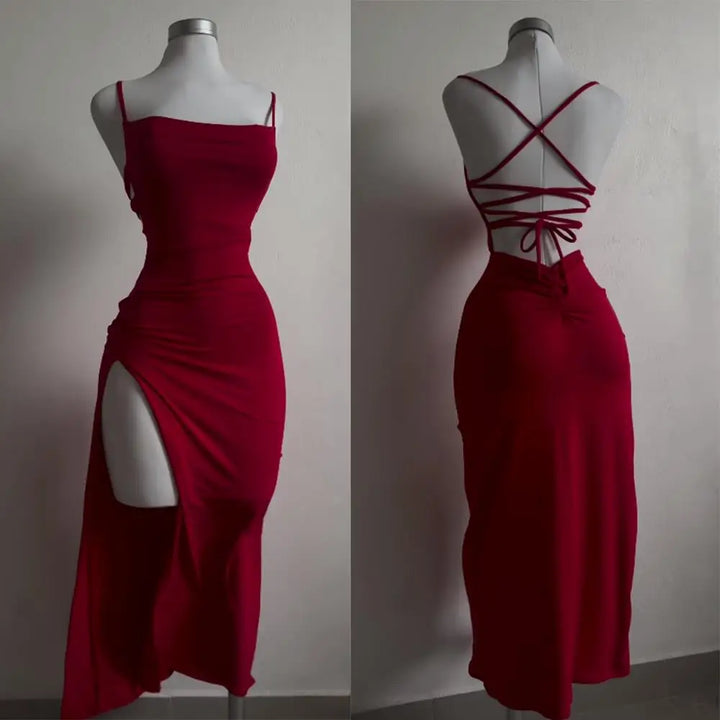 Women's Red & Black Halter Bodycon Midi Dress