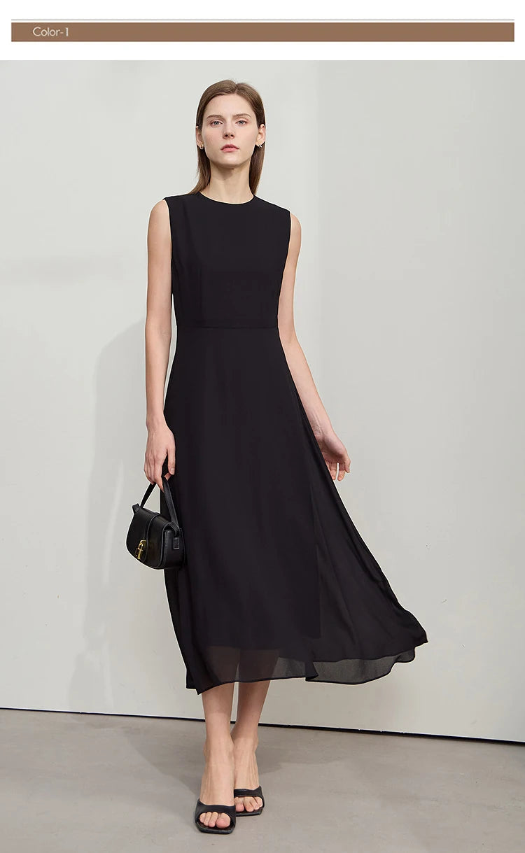 Amii Minimalist Sleeveless O-Neck Slim Midi Dress