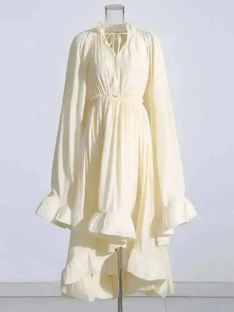 LGRQ Women's Irregular Ruffle Dress with Cloak Sleeves and Lace Splicing