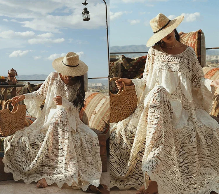 Women Dresses Full Flare Sleevev Beige Loose Ladies Clothing.