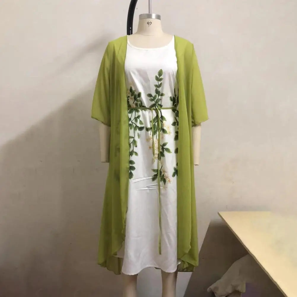 2pcs/Set Spring Summer Dress Women Formal Loose Cardigan Floral Print Large Hem Elegant Chiffon Dress Set Party