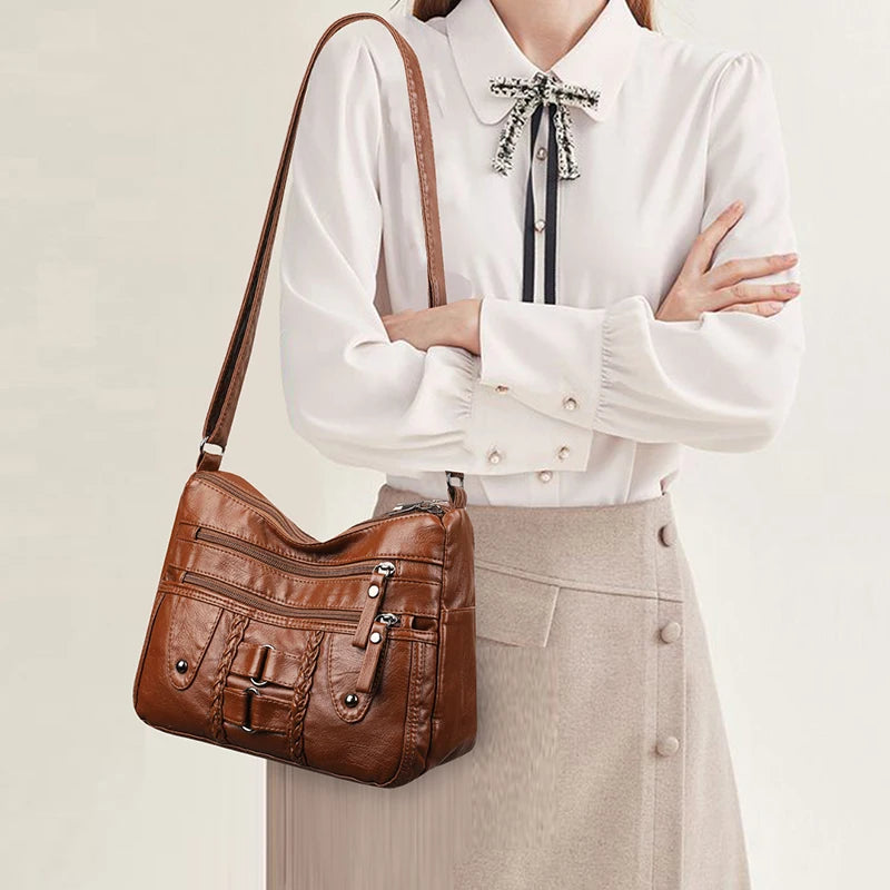 Retro Multi-Pocket Synthetic Leather Crossbody Bag with Adjustable Strap