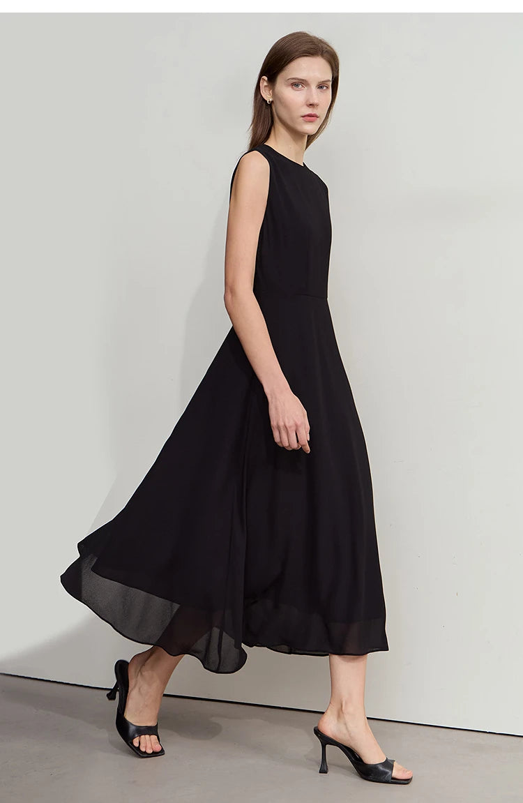 Amii Minimalist Sleeveless O-Neck Slim Midi Dress