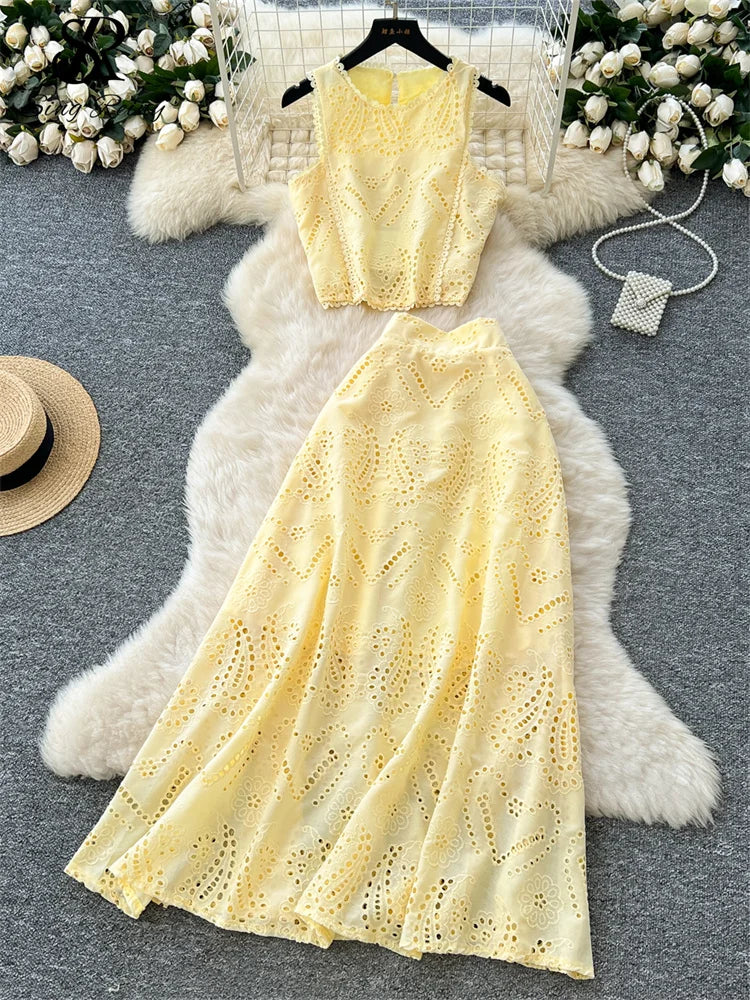 SINGREINY Women's Vintage Hook Flower Hollow Top and Long Skirt Set