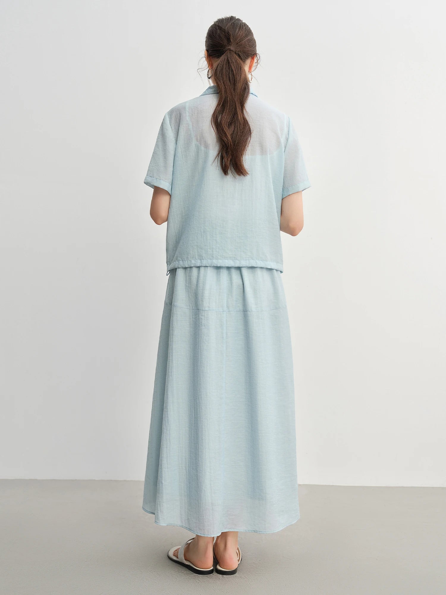DUSHU Textured Set: Tie Collar Zip Top and Flowy Skirt
