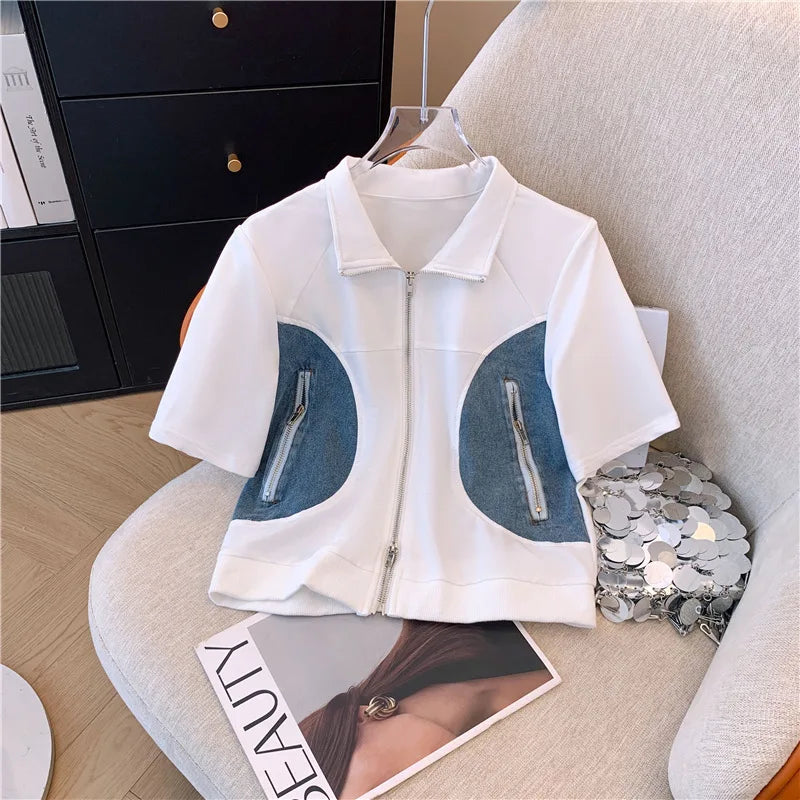Women's Two-Piece Set: Stitched Zipper T-Shirt and Jeans