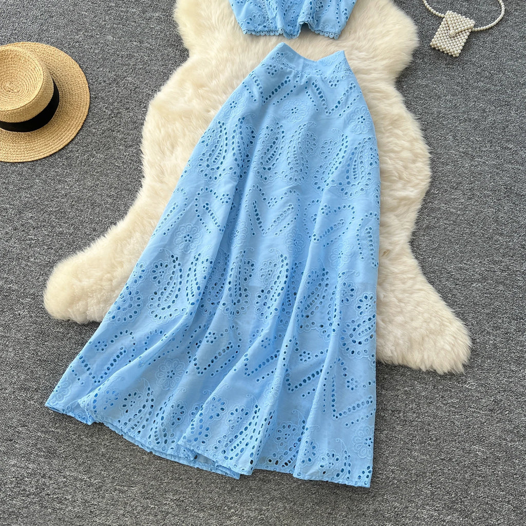 SINGREINY Women's Vintage Hook Flower Hollow Top and Long Skirt Set