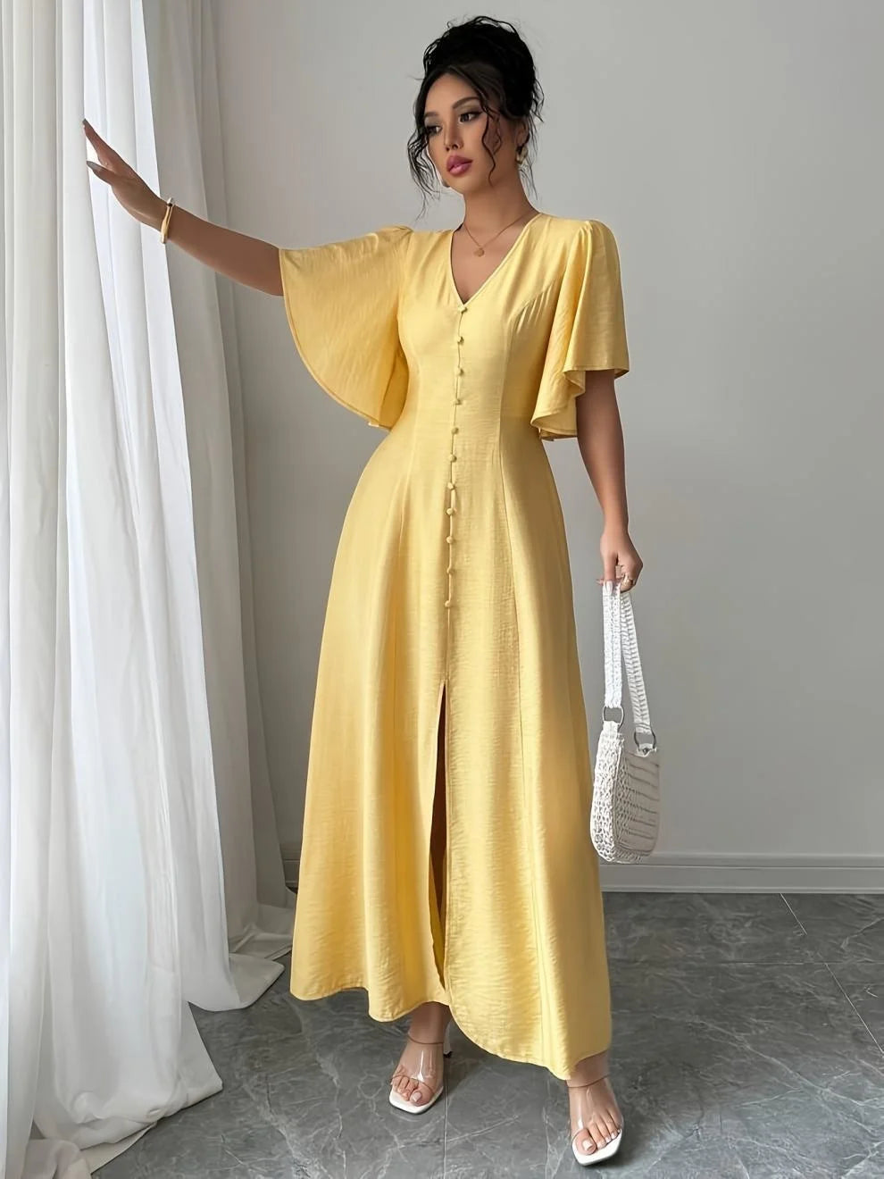 Women's Short Sleeve V-Neck Single Breasted Split Midi Dress