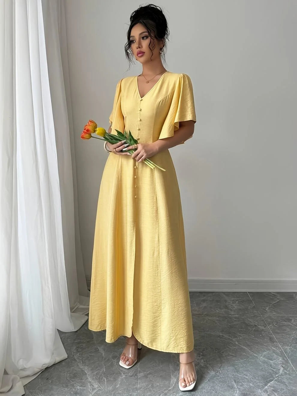 Women's Short Sleeve V-Neck Single Breasted Split Midi Dress