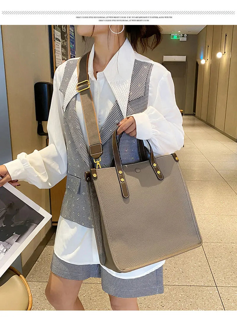Large Capacity Genuine Cowhide Leather Rectangle Shoulder Bag