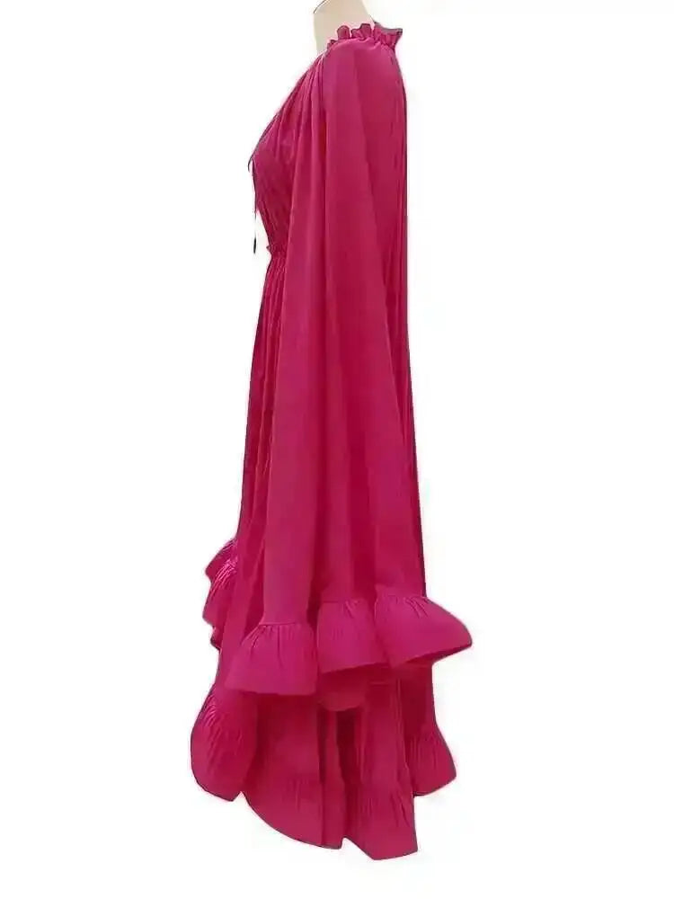 LGRQ Women's Irregular Ruffle Dress with Cloak Sleeves and Lace Splicing