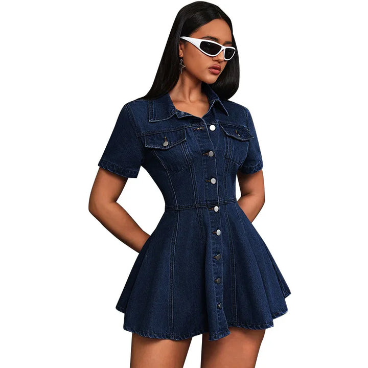 Women's Short-Sleeve Button-Front A-Line Dress – Elegant Everyday