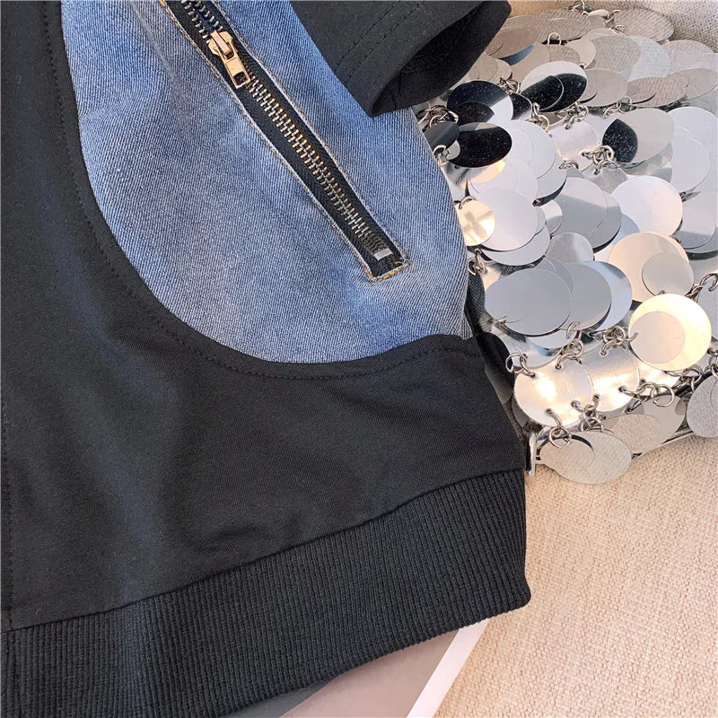 Women's Two-Piece Set: Stitched Zipper T-Shirt and Jeans