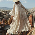 Women Dresses Full Flare Sleevev Beige Loose Ladies Clothing.