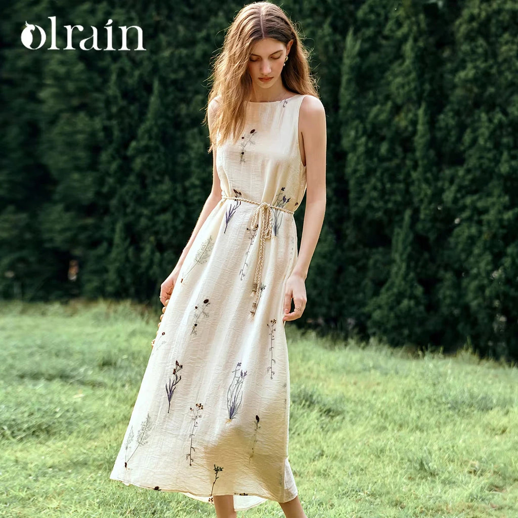 OLrain Women's Sleeveless Slash Neck Floral A-Line Maxi Dress