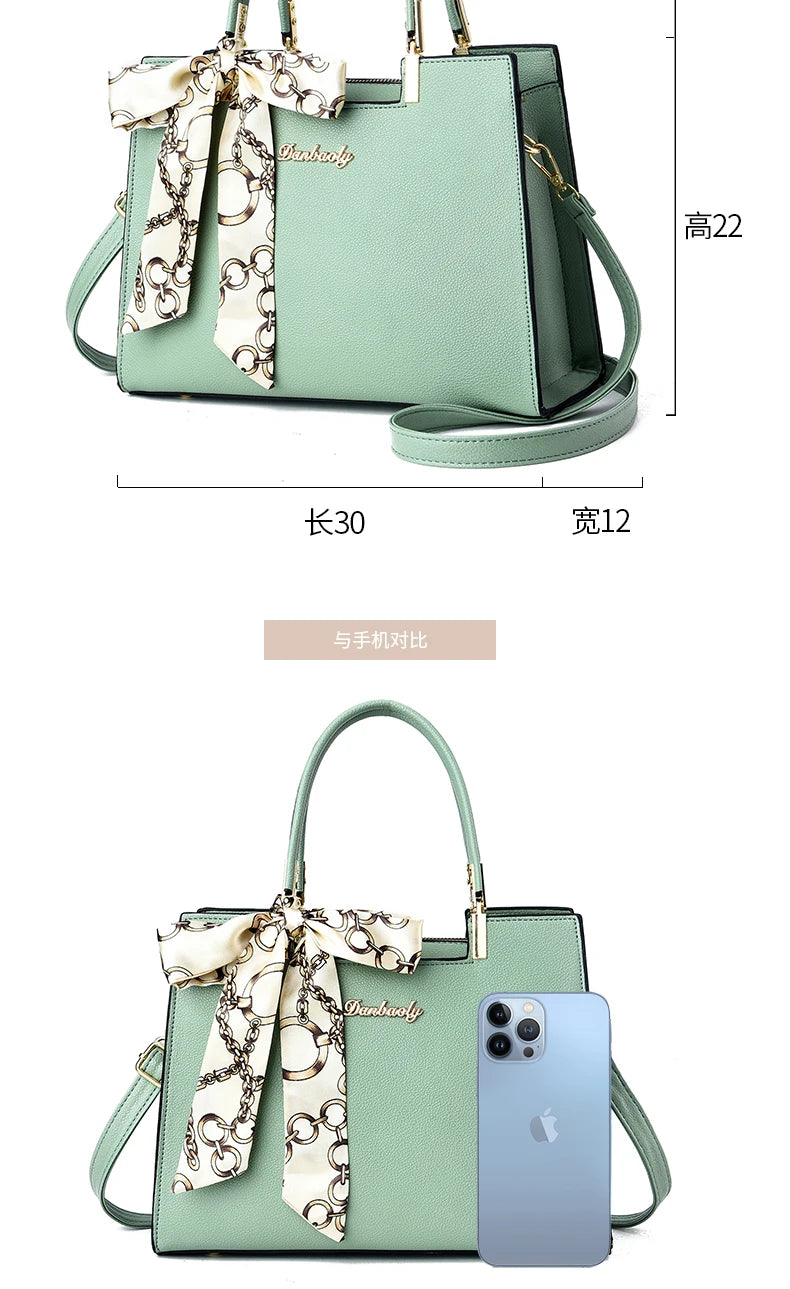 Women's Small Square Shoulder Bag with Silk Scarf Pendant
