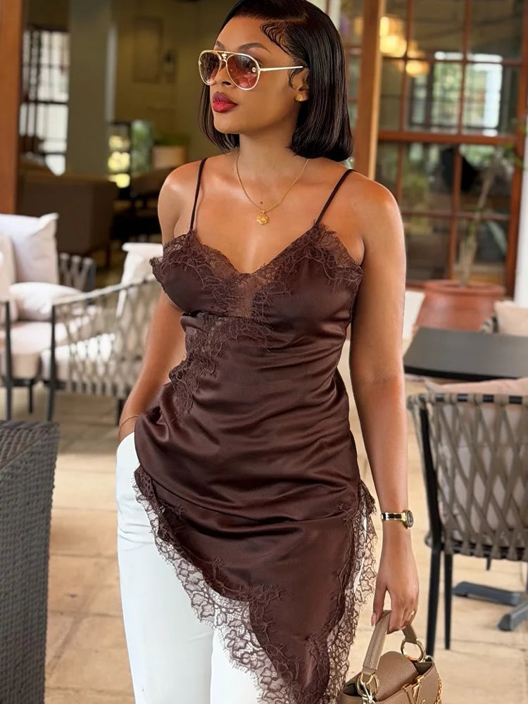 HH Women Asymmetry Lace Decorate Slim Sling Dress 2025 Summer Woman Sexy Sleeveless Backless Halter Neck Collar Party Dress