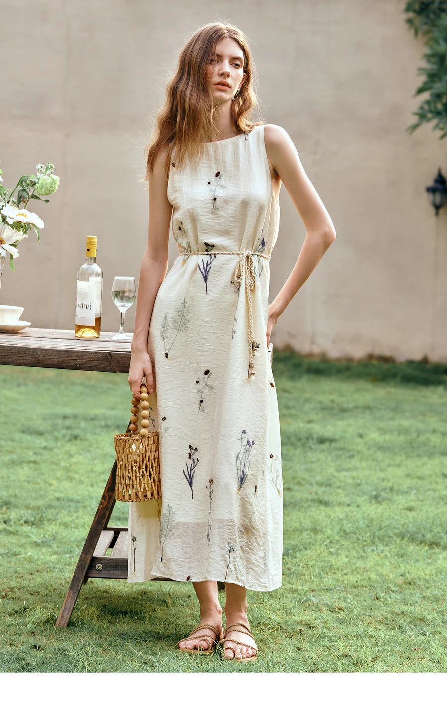 OLrain Women's Sleeveless Slash Neck Floral A-Line Maxi Dress