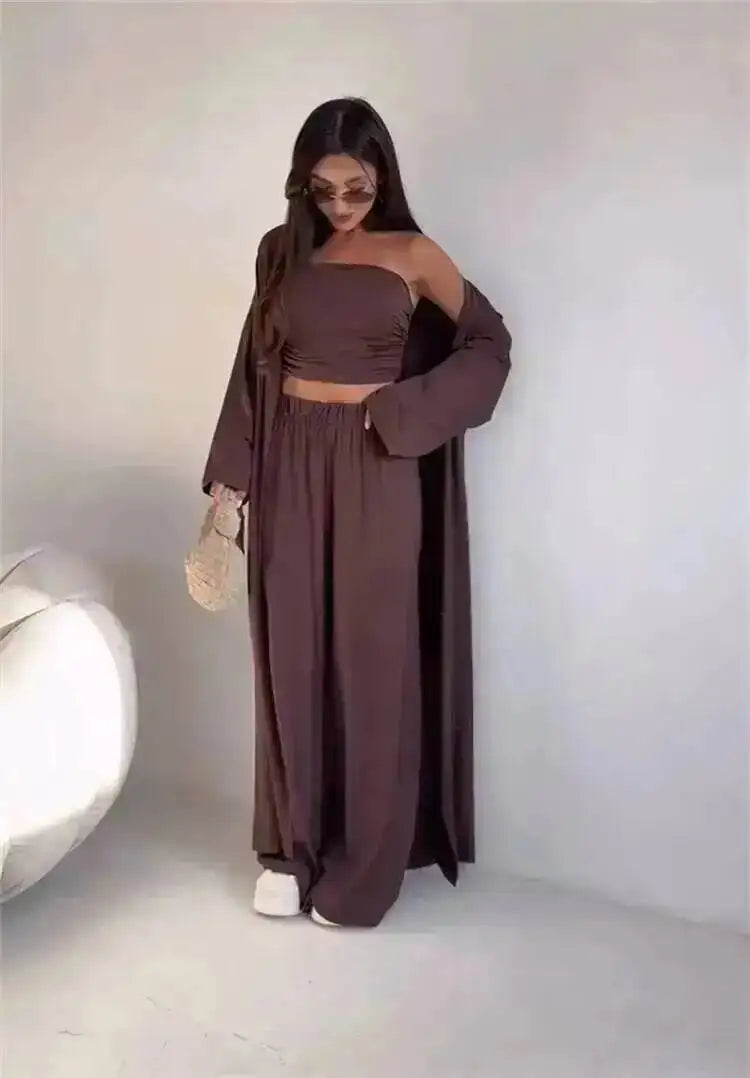 LGRQ Women's 3-Piece Set: Strapless Vest, Long Cardigan and Wide-Leg Pants