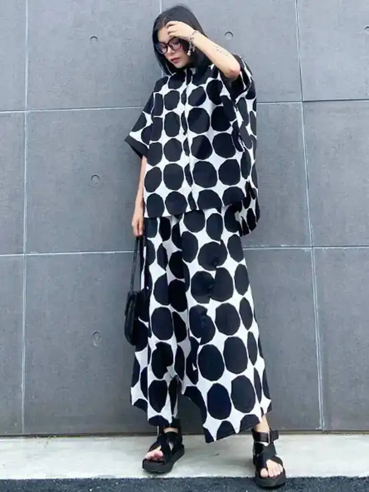 EAM Women's Big Size Dot Shirt and Wide Leg Pants Two-Piece Suit