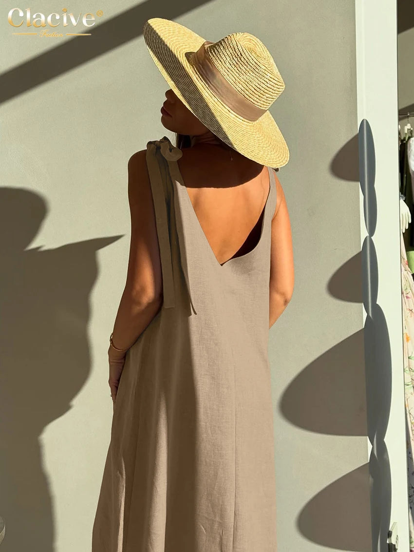 Clacive V-Neck Sleeveless Black Linen Maxi Dress
