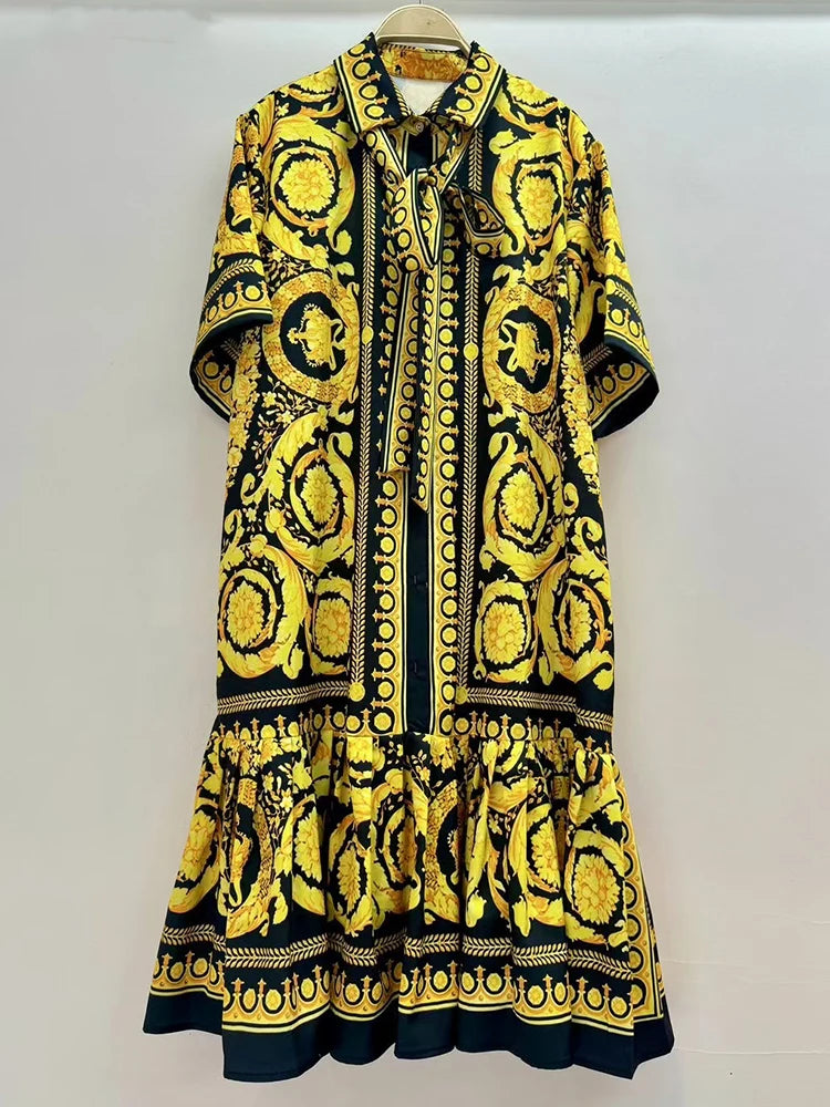 2026 Summer Women's New Fashion Geometric Print Lapel Short Sleeve Loose Dress Stitching Pleated Hem Temperament Straight Skirt.