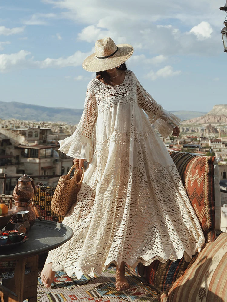 Women Dresses Full Flare Sleevev Beige Loose Ladies Clothing.