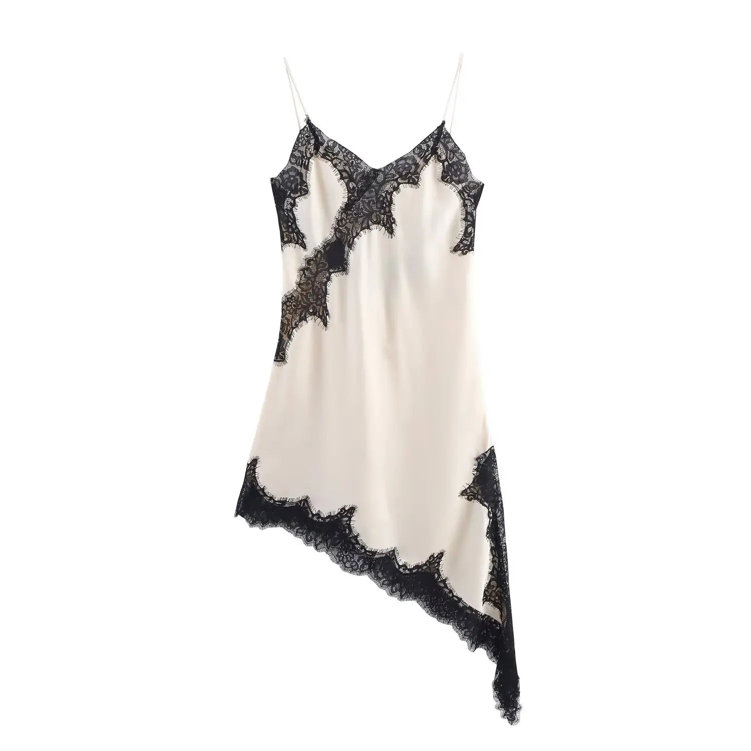 HH Women Asymmetry Lace Decorate Slim Sling Dress 2025 Summer Woman Sexy Sleeveless Backless Halter Neck Collar Party Dress
