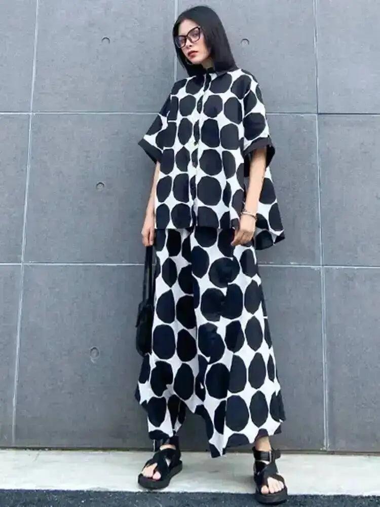 EAM Women's Big Size Dot Shirt and Wide Leg Pants Two-Piece Suit