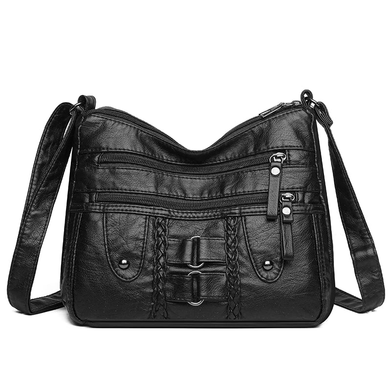 Retro Multi-Pocket Synthetic Leather Crossbody Bag with Adjustable Strap