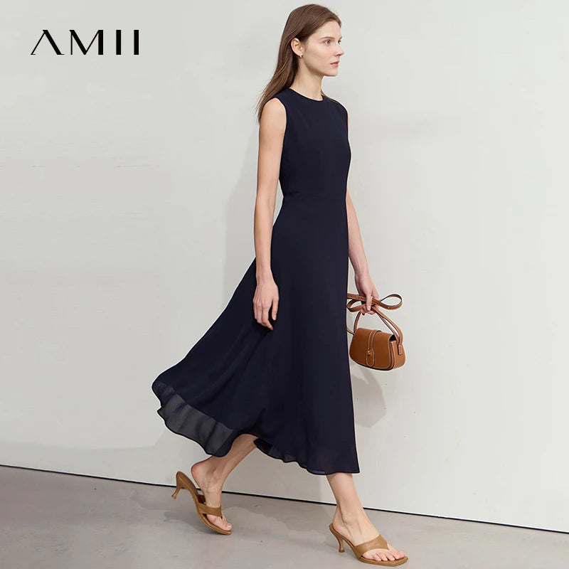 Amii Minimalist Sleeveless O-Neck Slim Midi Dress
