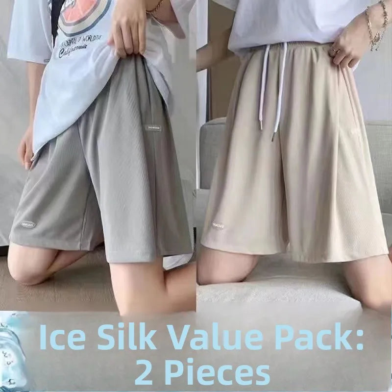 High Waist Ice Silk Sports orts Women's 2024 New Summer Loose Casual Wide Leg Pants Five-Quarter Length Korean Sle