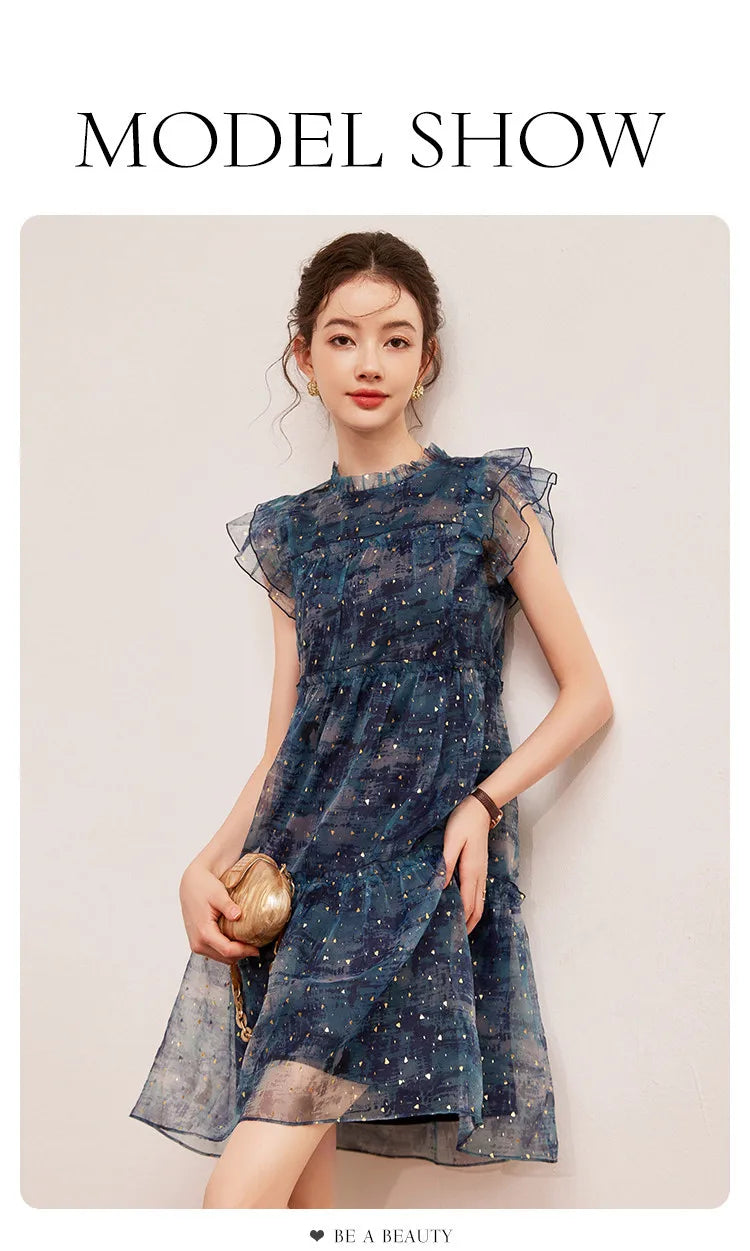 LOUIS YAO Women's Sparkling Mushroom Edge Dress with Flying Sleeves