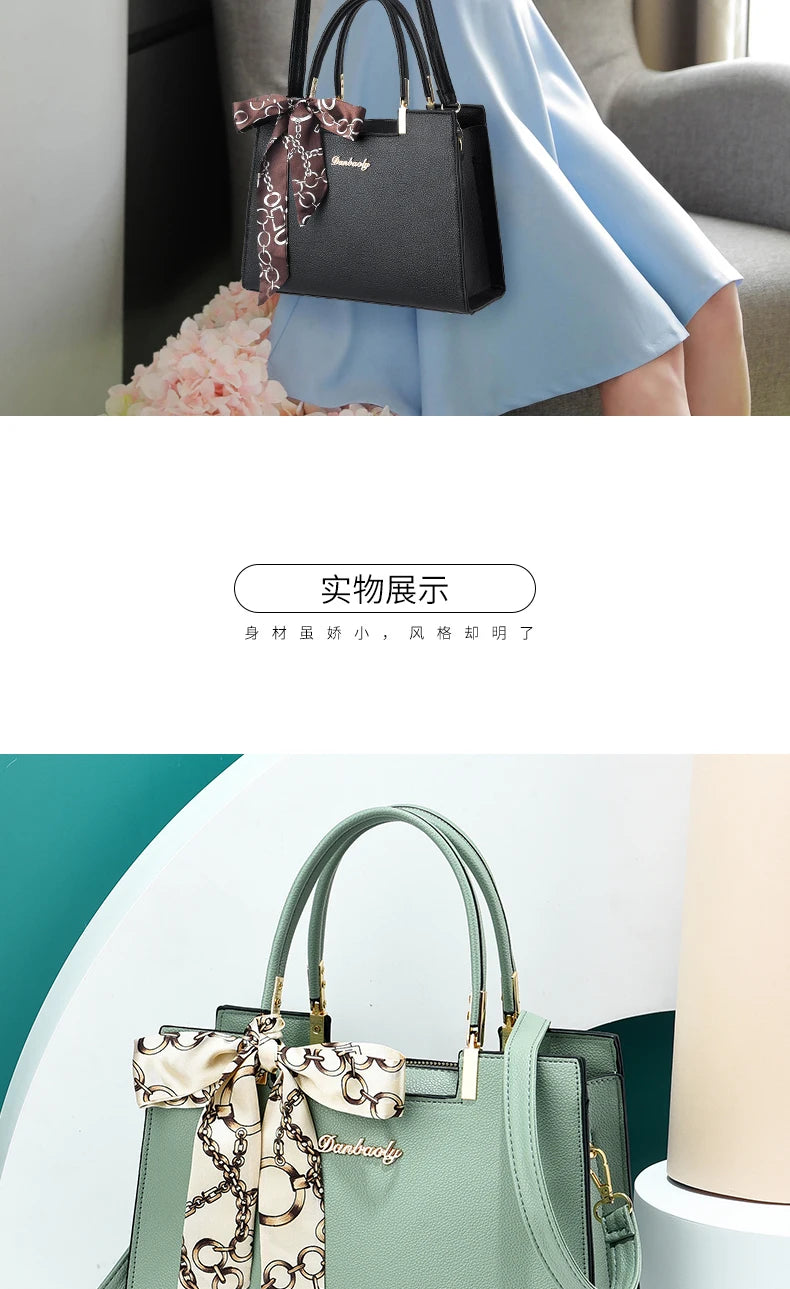 Women's Small Square Shoulder Bag with Silk Scarf Pendant