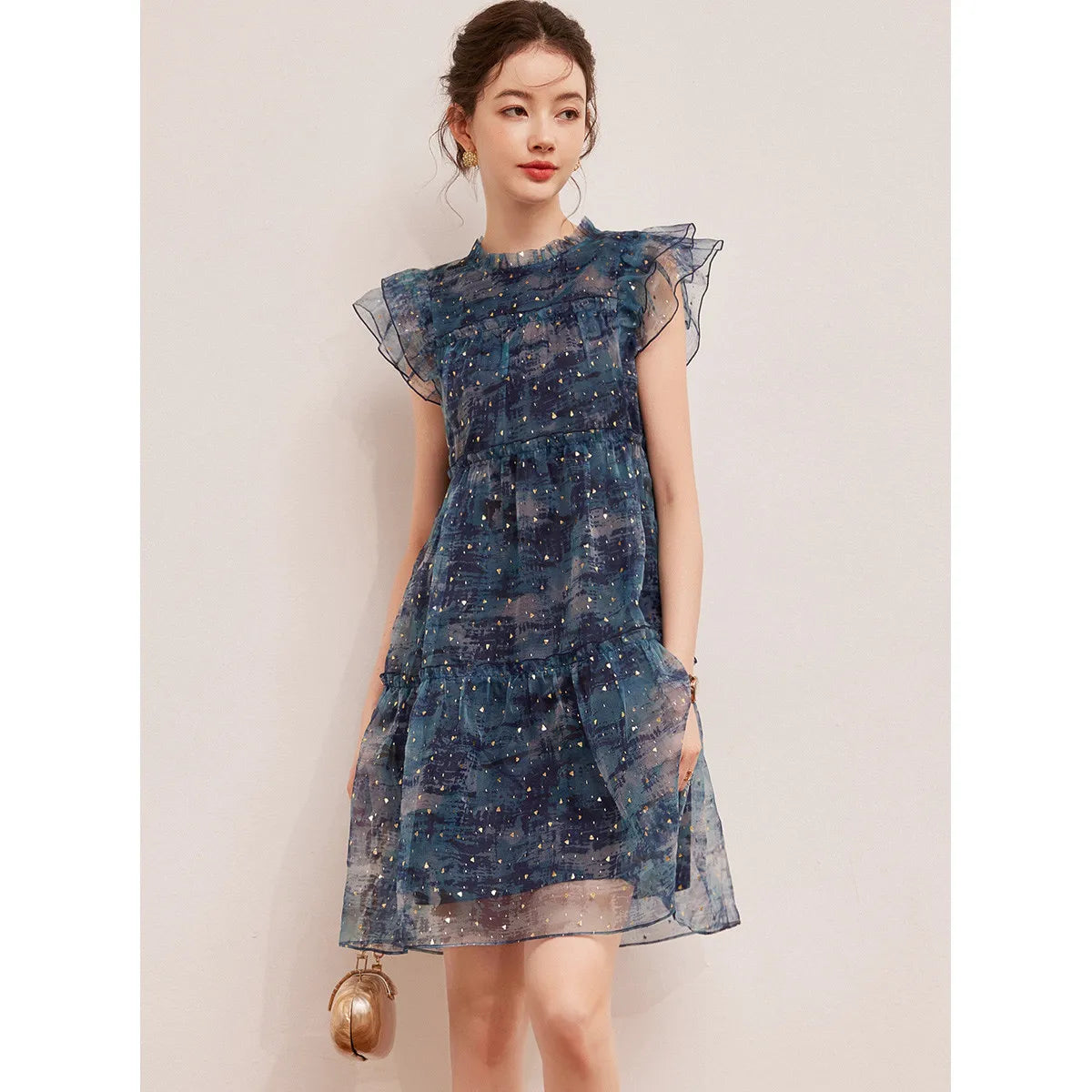 LOUIS YAO Women's Sparkling Mushroom Edge Dress with Flying Sleeves