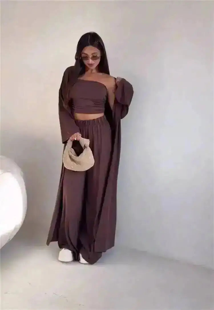 LGRQ Women's 3-Piece Set: Strapless Vest, Long Cardigan and Wide-Leg Pants