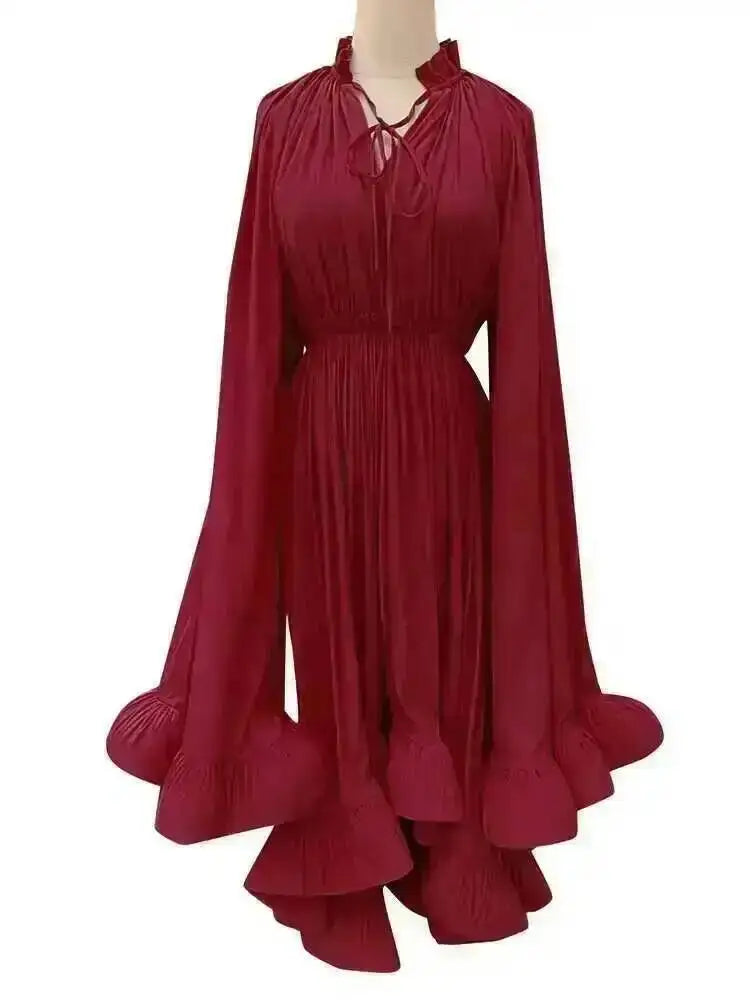 LGRQ Women's Irregular Ruffle Dress with Cloak Sleeves and Lace Splicing