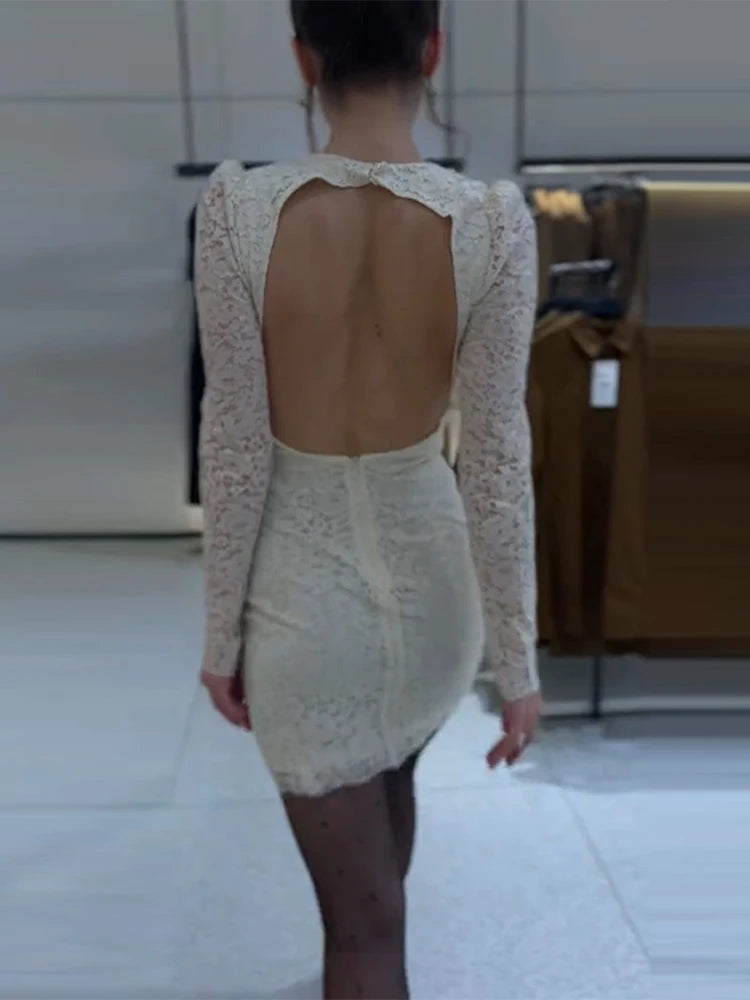 Women Lace Patchwork Short Dress Elegant Backless O-neck Long Sleeve Slim Party Dresses 2025 Autumn Winter New Female Vestidos