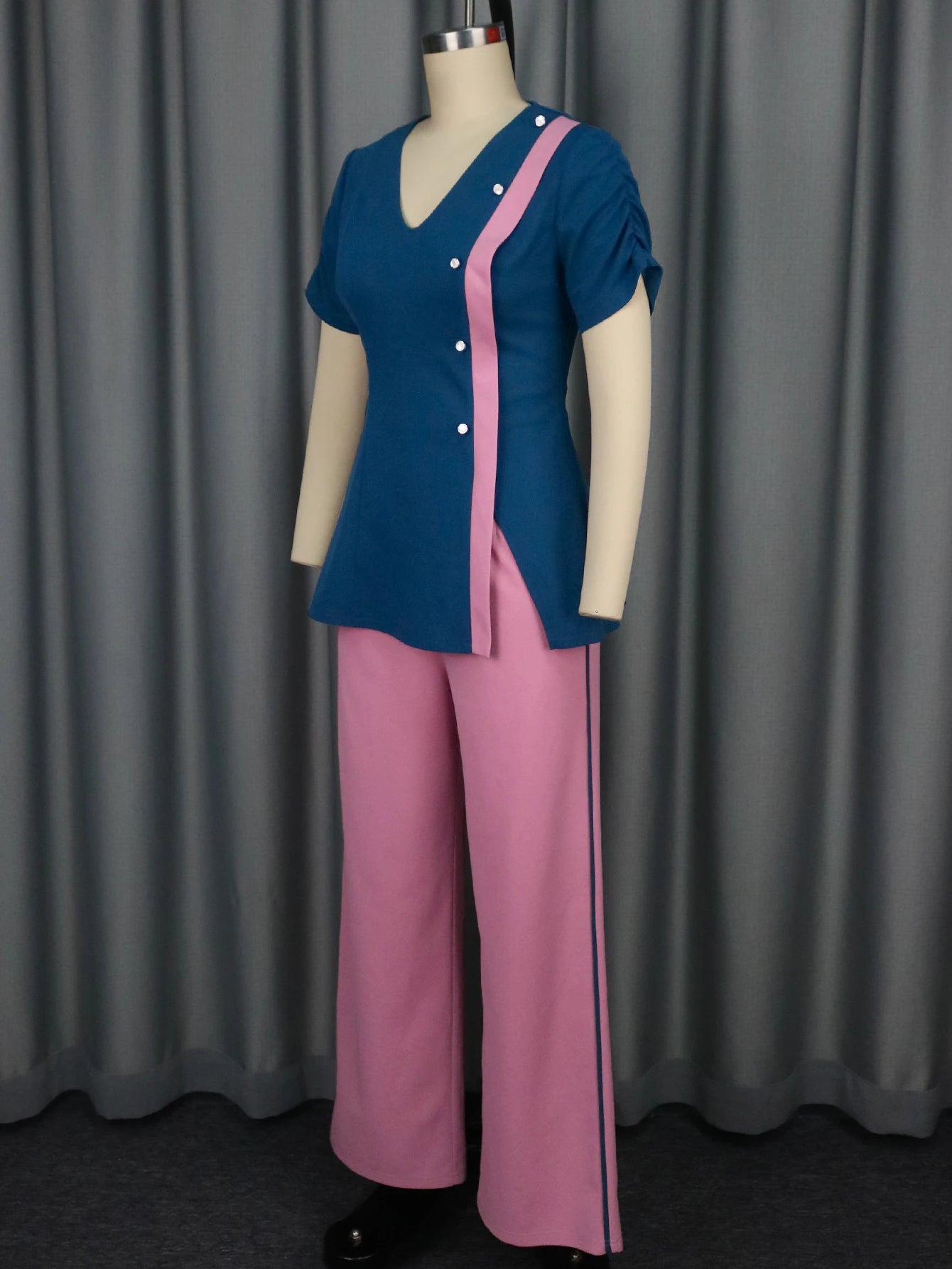 Women's African Style V-Neck Top and Patchwork Wide Leg Pants Set