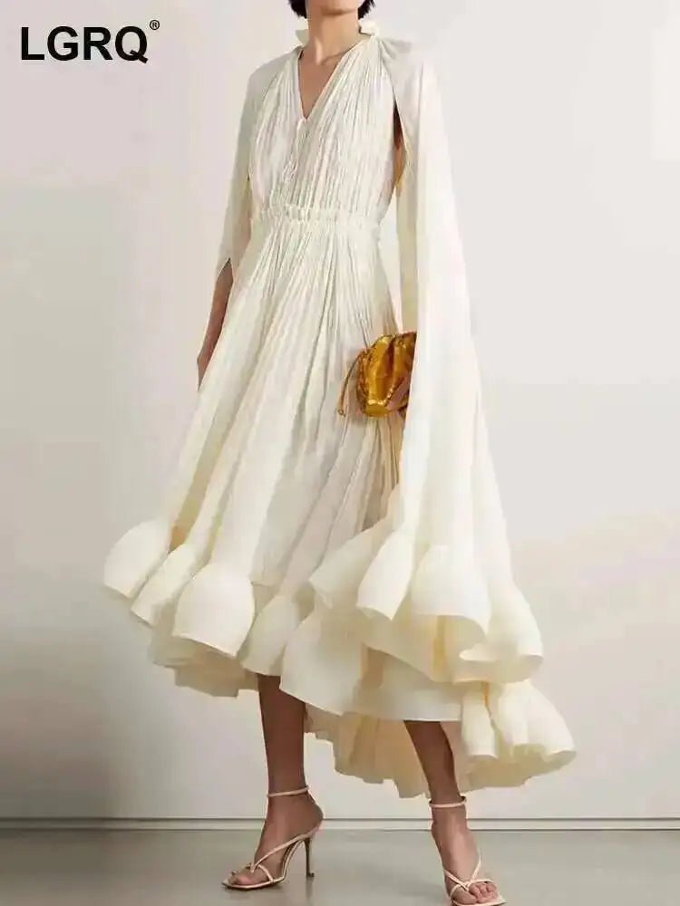 LGRQ Women's Irregular Ruffle Dress with Cloak Sleeves and Lace Splicing