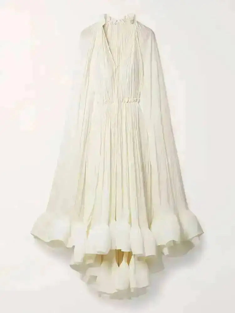 LGRQ Women's Irregular Ruffle Dress with Cloak Sleeves and Lace Splicing