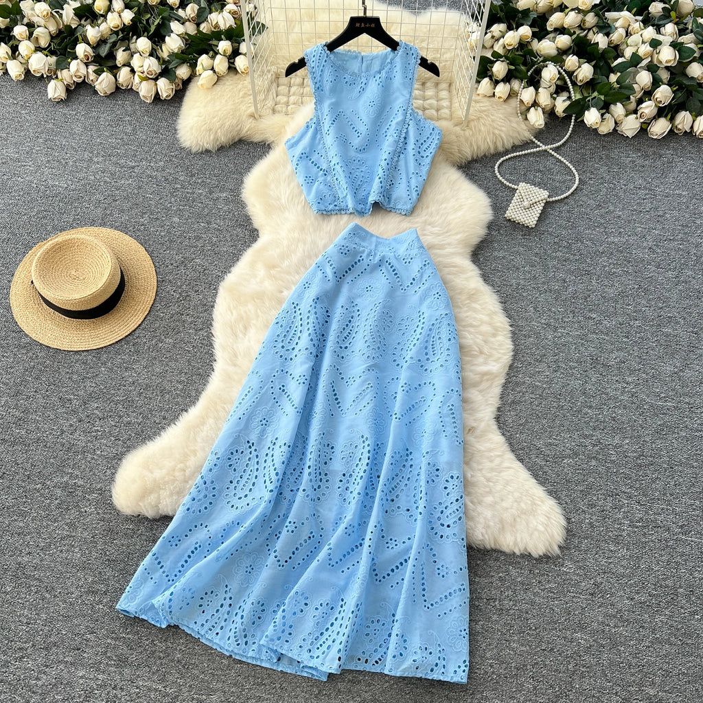 SINGREINY Women's Vintage Hook Flower Hollow Top and Long Skirt Set