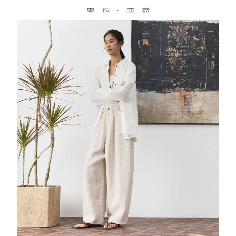 Women's Plus Size Loose Ramie Linen Elastic Waist Casual Pants