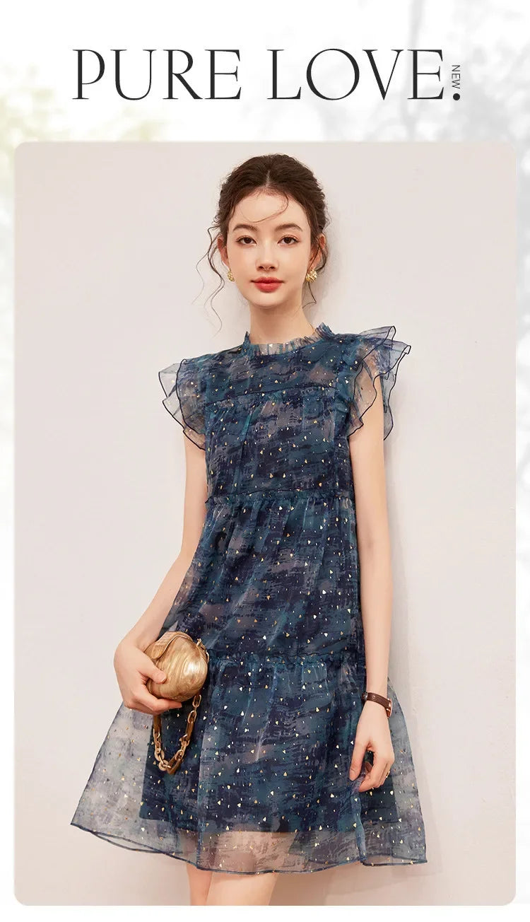 LOUIS YAO Women's Sparkling Mushroom Edge Dress with Flying Sleeves