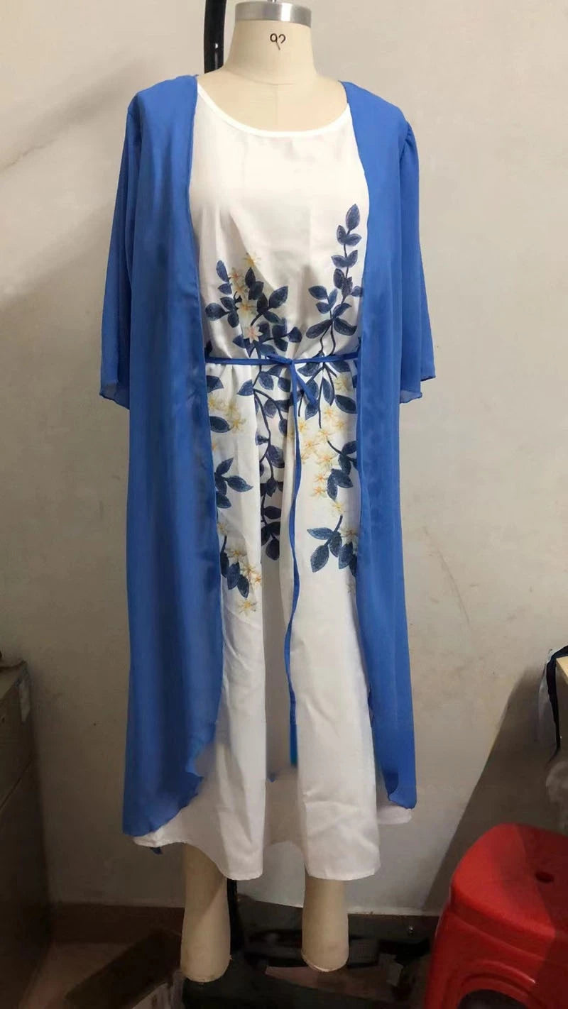 2pcs/Set Spring Summer Dress Women Formal Loose Cardigan Floral Print Large Hem Elegant Chiffon Dress Set Party